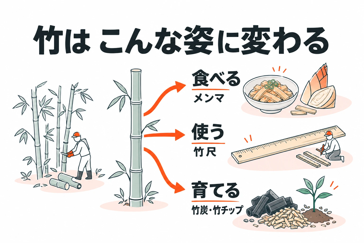竹はこんな姿に変わる。食べる:メンマ。使う:竹尺。育てる:竹炭・竹チップ。